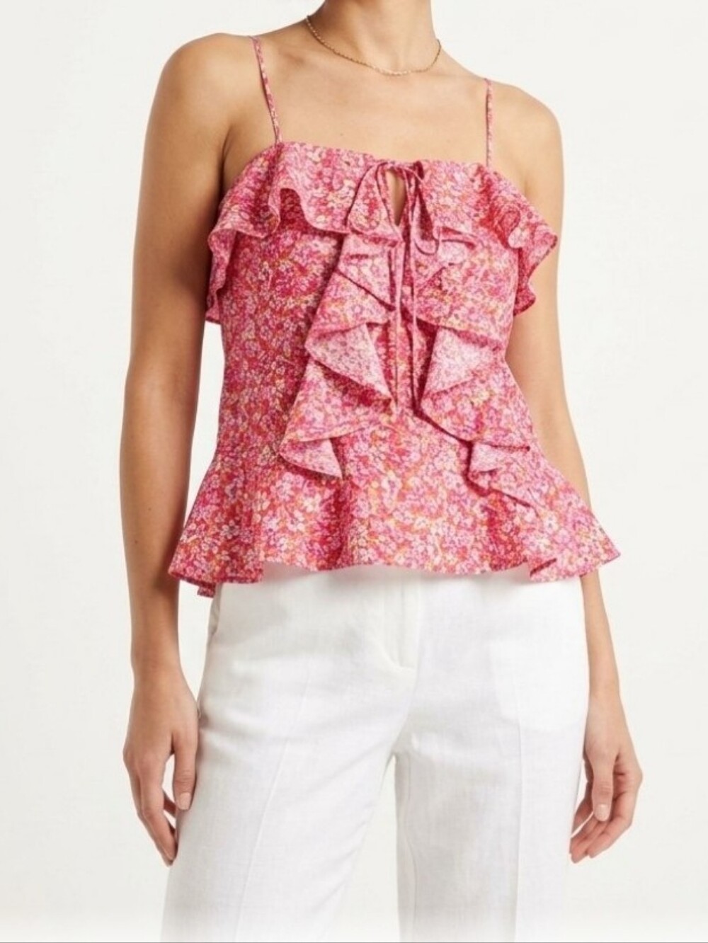 Banana Republic 100% Silk Floral Ruffle Cami Top Pink Coral Sleeveless Criss XS